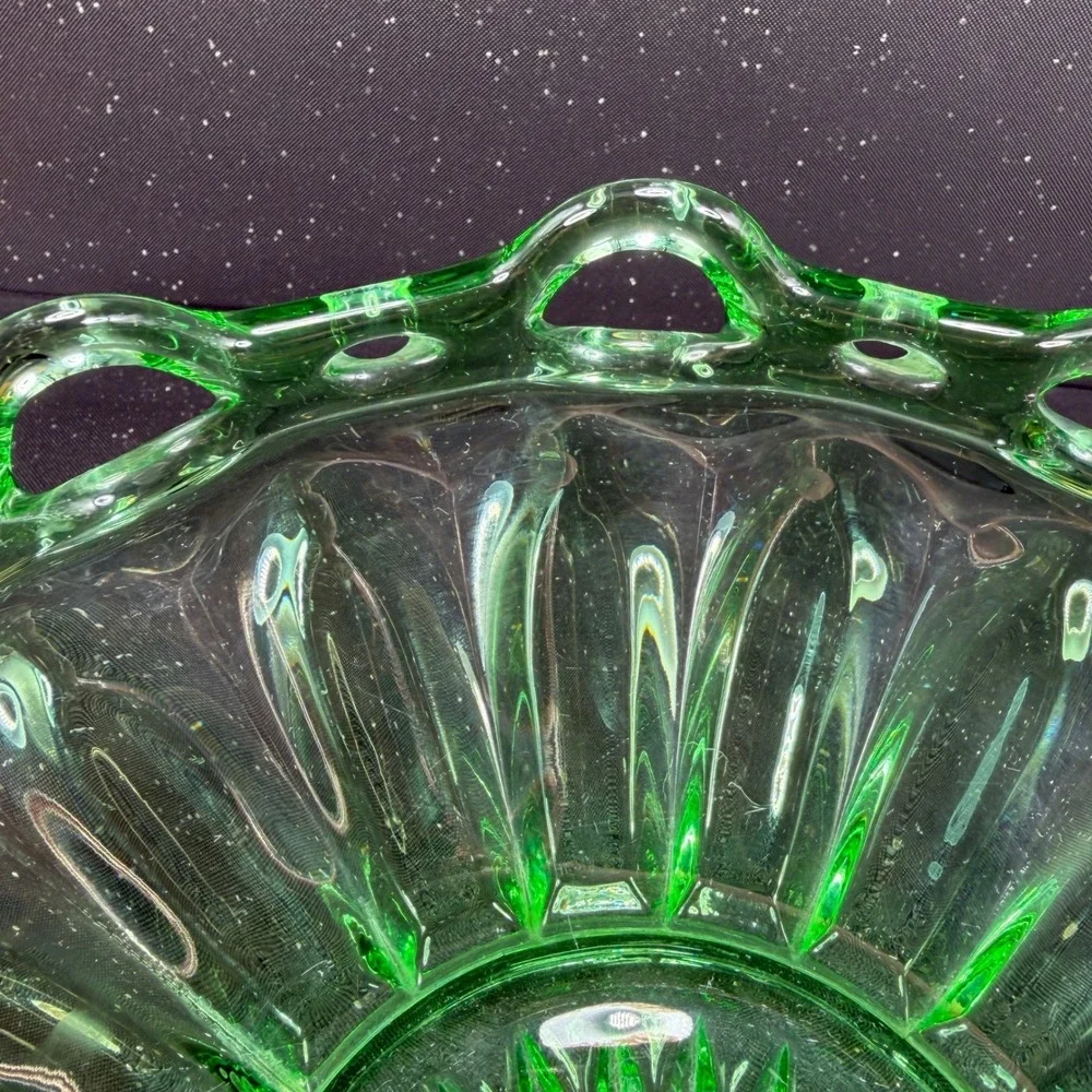Antique Fostoria Colonial Prism Green Uranium Glass Lace Rim Bowl 11Inch UV Glow